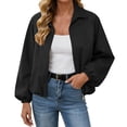 thumbnail image 2 of Chiccall Jackets for Women Fall Winter Fashion Long Sleeve Coats Casual Lapel Full Zip Up Bomber Jacket with Pockets Black S, 2 of 9