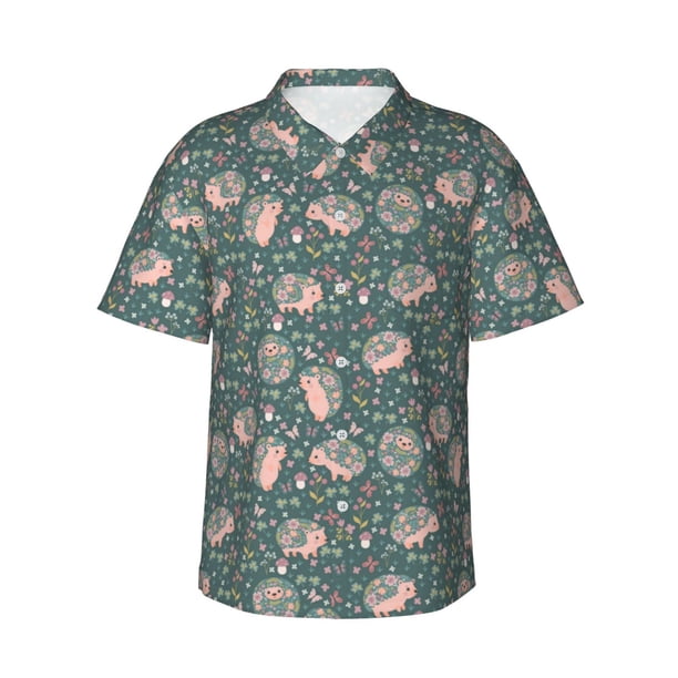 Fotbe Hedgehogs and Flowers Camisa Hawaiana para Hombre Unisex – Camisa Casual de Verano con Botones de Manga Corta de Algodón y Lino,Large