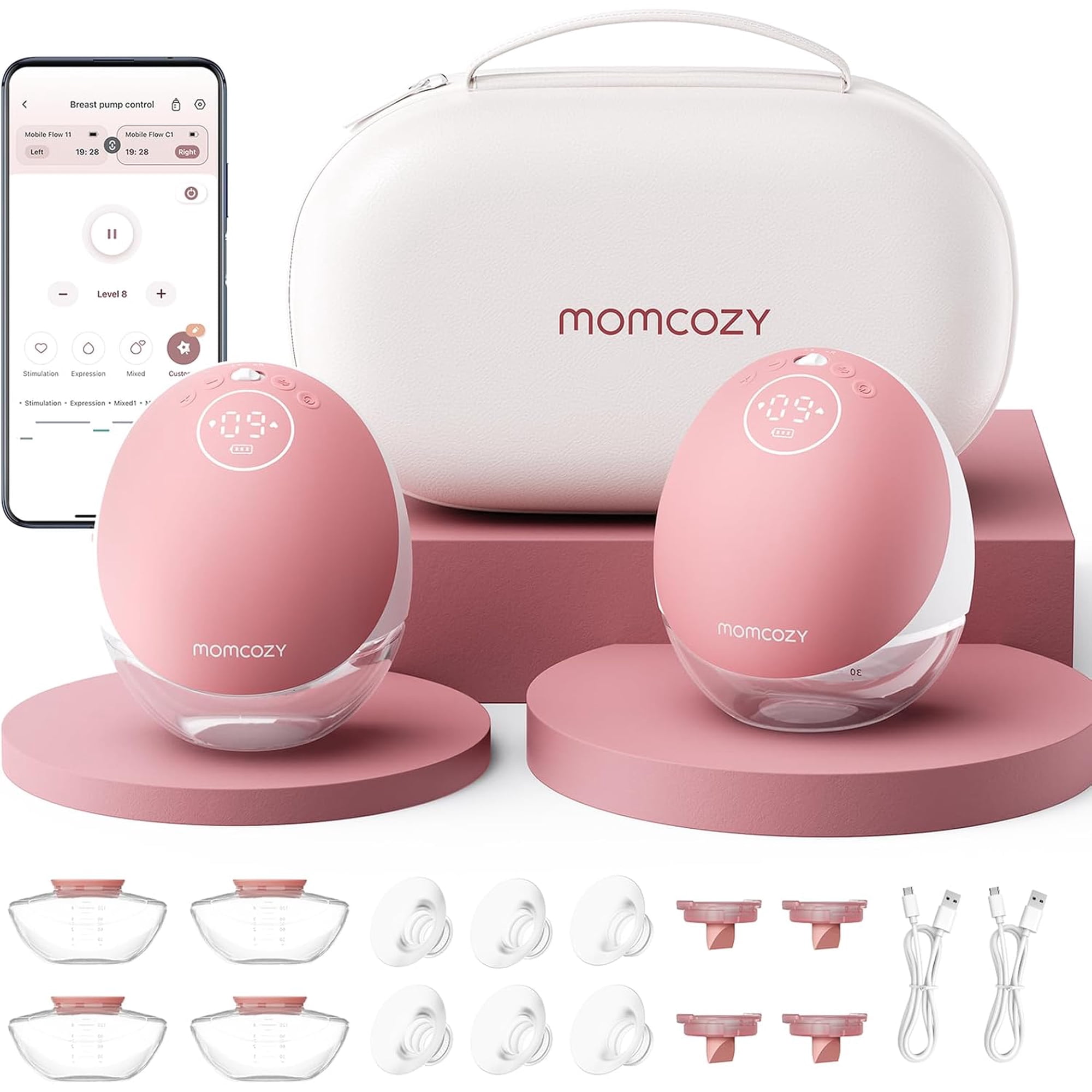 Momcozy M9 Breast Pump Hands Free Mobile Flow, App Discreet Wearable Breast Pump M9, Control Personalized 2 Pack, Cozy Red