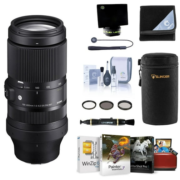 Sigma 100-400mm f/5-6.3 DG DN OS Contemporary Lens for L Mount, Bundle with 67mm Filter Kit, Mac Software Kit, Cleaning Kit, Lens Wrap, Flex Lens Shade, Lens Cap Tether, Cleaner, Lens Pouch