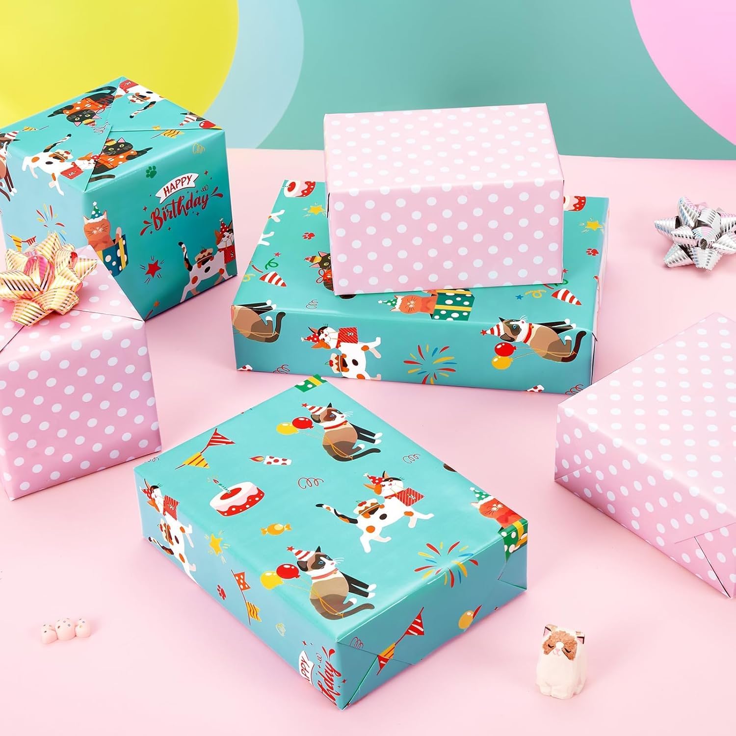 Cat Birthday Wrapping Paper Roll - 1 Roll 17” X 33 ft Cat Gift Wrapping Paper Roll Girls Kids Birthday Green Pink Wrap Paper with Polka Dot Design for Gift Packing Supply