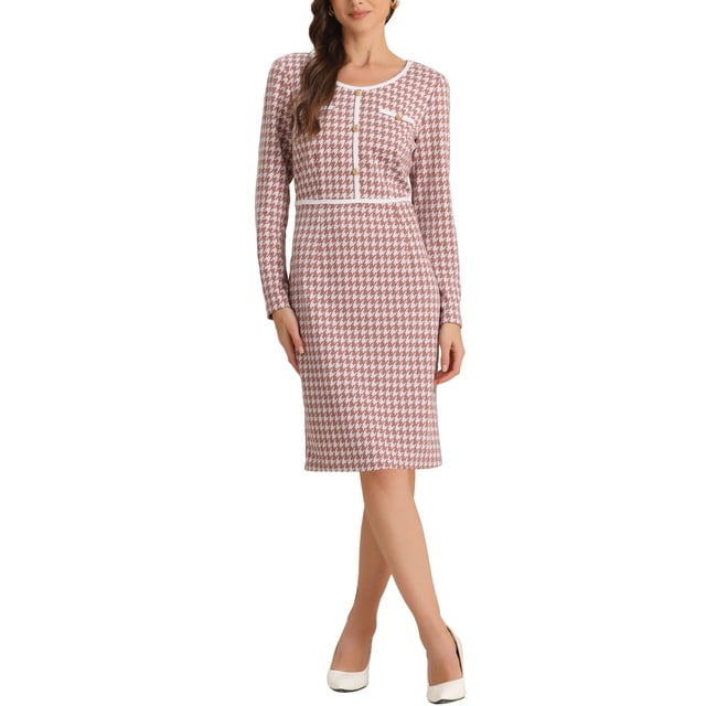 Vestido Bodycon Sheath de Cuello Redondo de Manga Larga de Houndstooth para Mujeres INSPIRE CHIC S Rosa