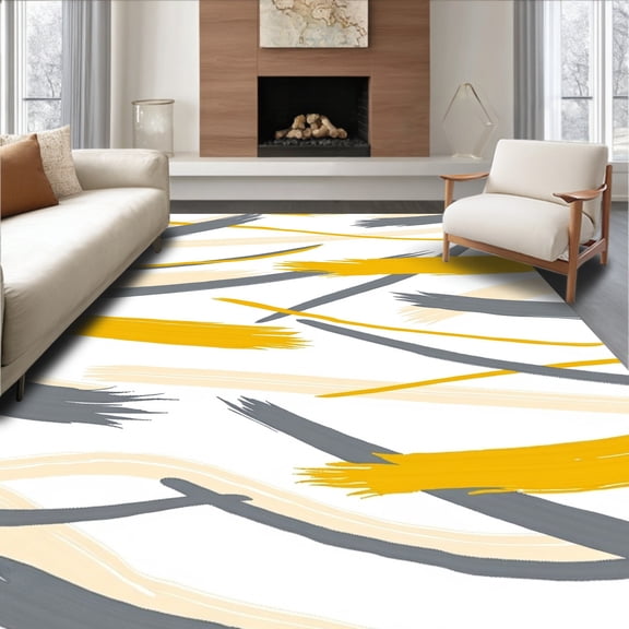 ODIKA 4'x6' Machine Washable Non-Slip Area Rug, Dynamic Brushstroke Composition with Overlapping High Traffic Rug, Yellow, 538970