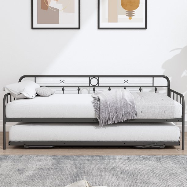 SYNGAR Black Twin Size Daybed with Pop Up Trundle, Modern Metal Sofa