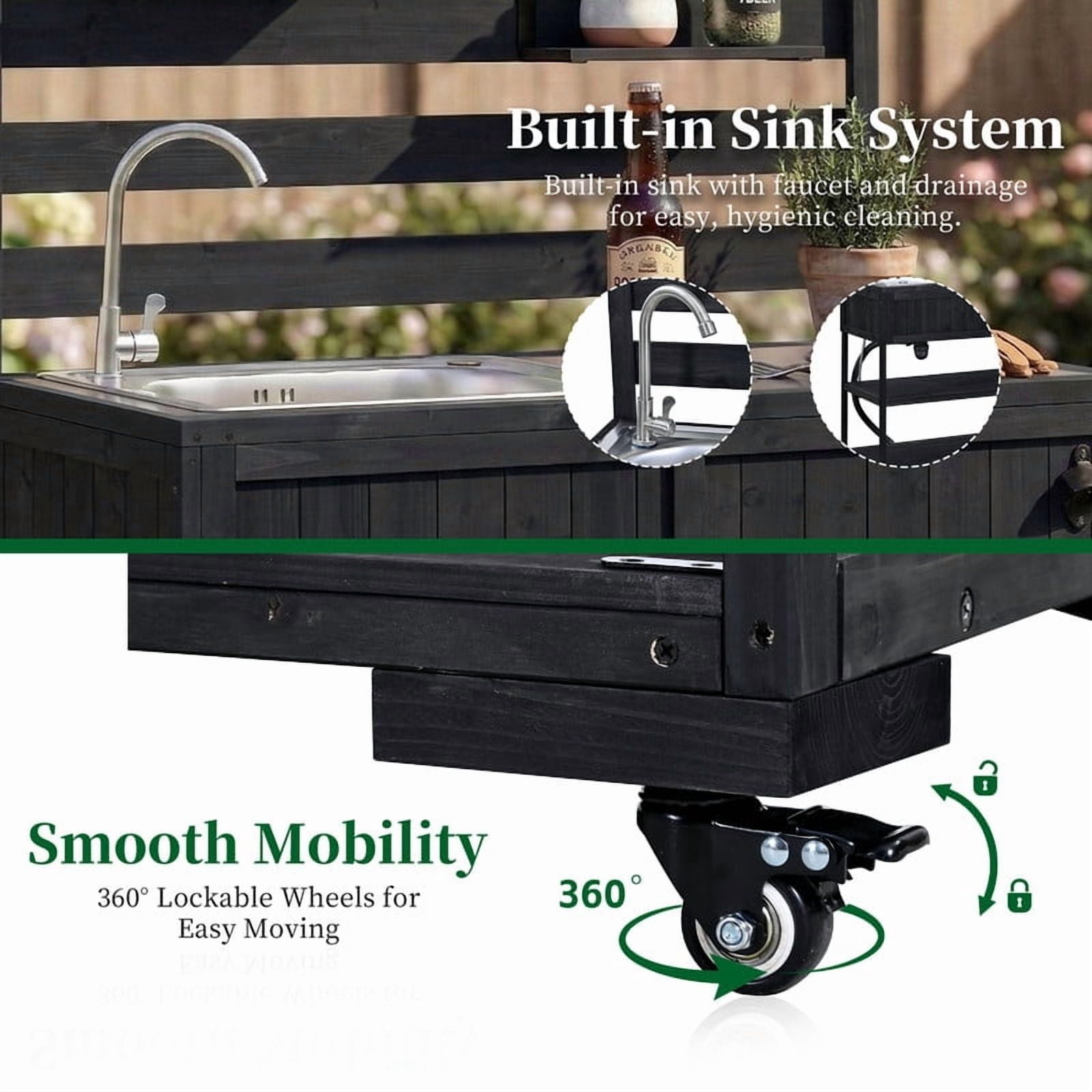 Outdoor Kitchen Storage Cart with Faucet & Sink, Rolling Kitchen Island with Bottle Opener, Garden Potting Bench with Raised Shelf