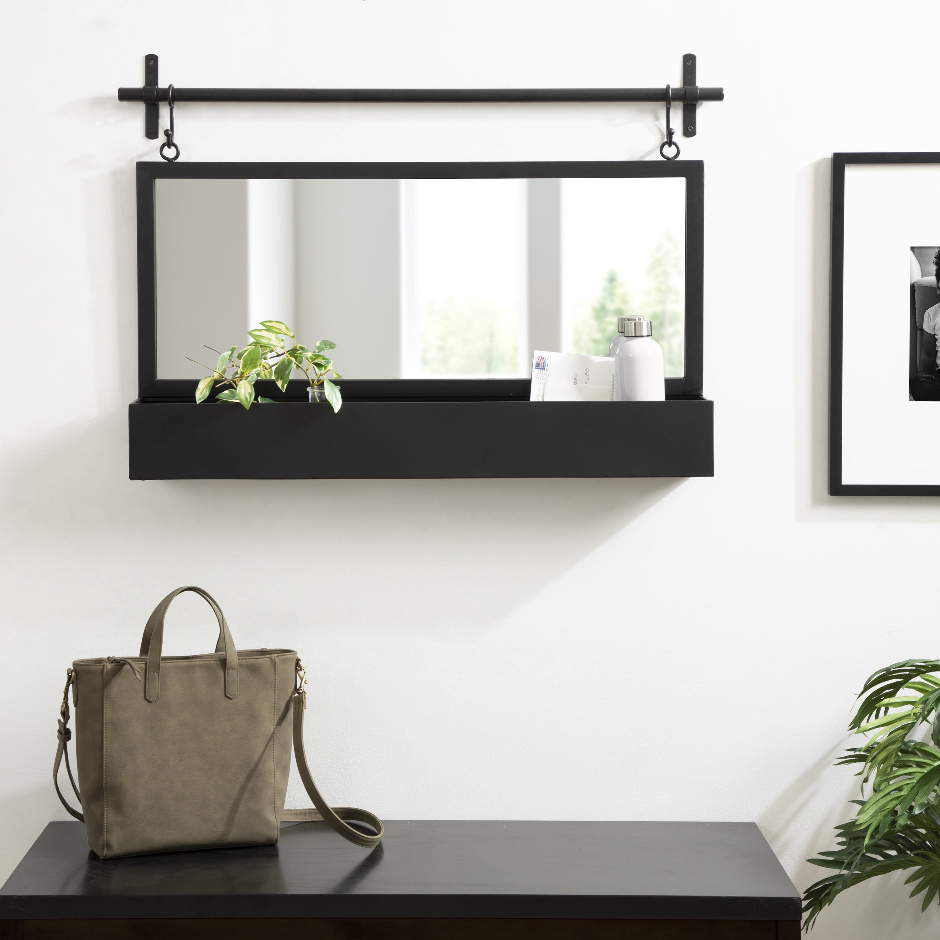Kate and Laurel Gammons Pub Wall Mirror with Shelf, 36 x 26, Black, Decorative Hanging Wall Mirror Home Decor with Additional Storage for Jewelry and Household Necessities