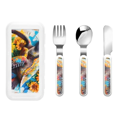 

Cauagu Sunflower Turtle Print 3-Pieces Toddler Cutlery Set Kids Silverware Set with Spoons Forks & Knife Stainless Steel Utensils for Kids Dishwasher Safe