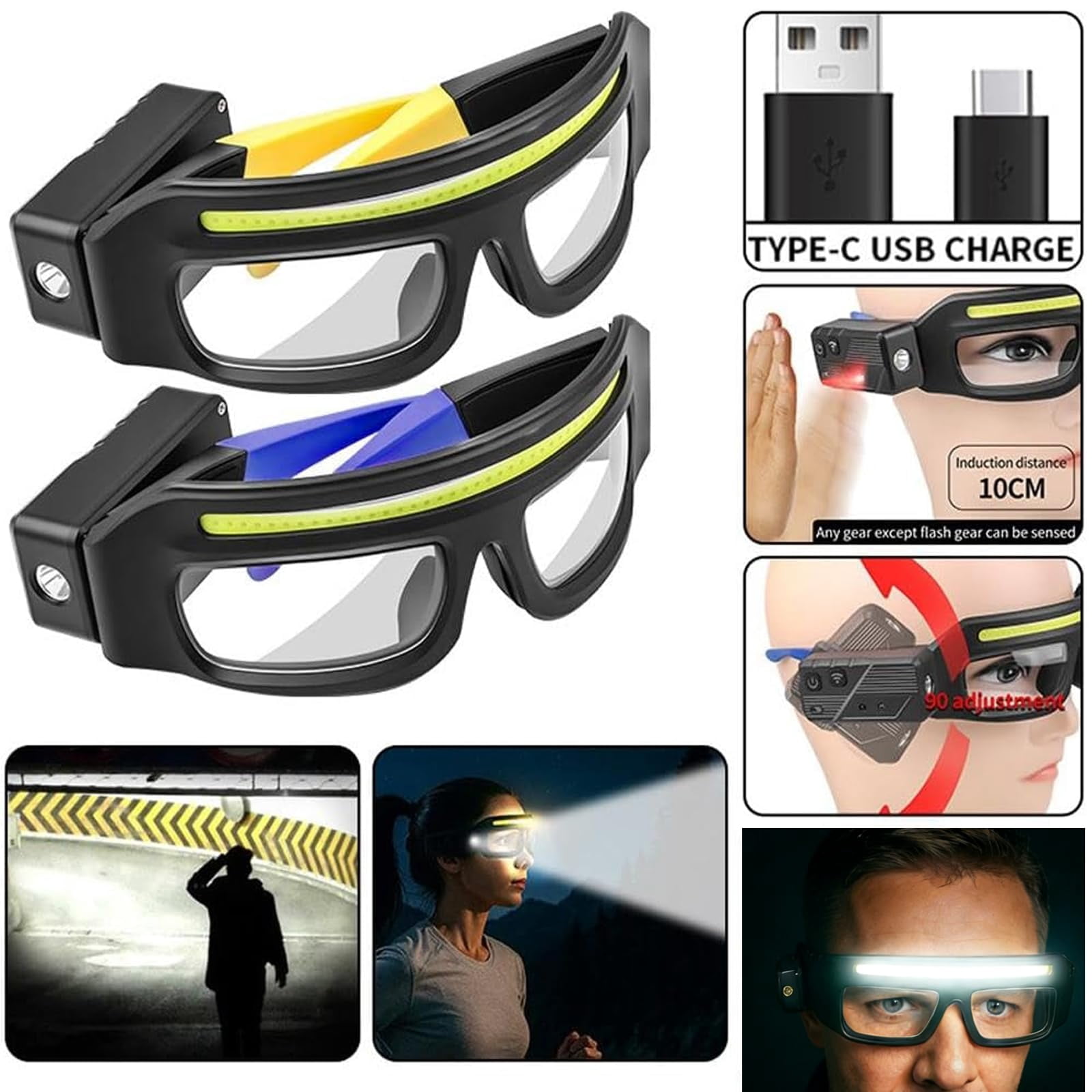 LED Safety Glasses With Dual Beam & Motion Sensor. USB-C, Clip-on Design For Hands-free Fishing, Running, Repair
