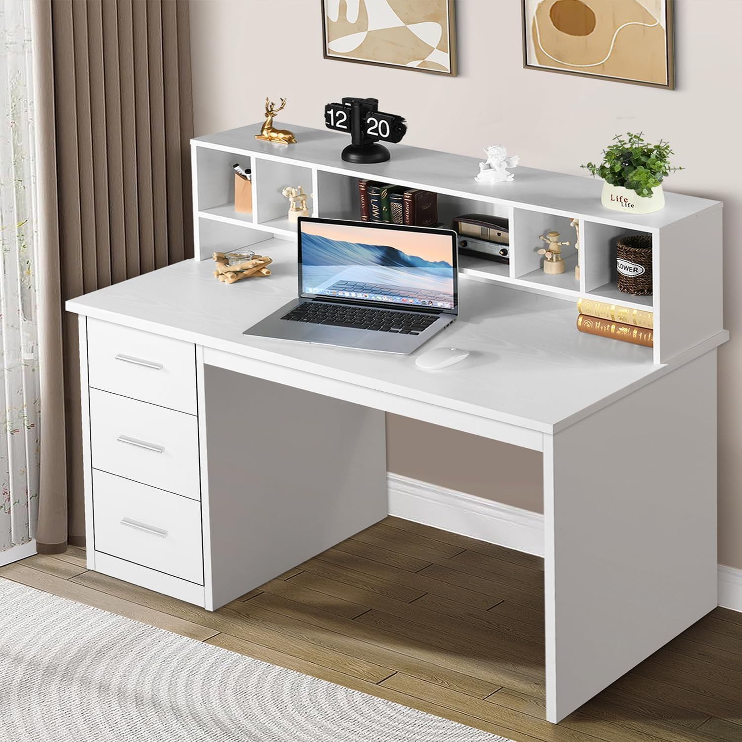 DreamCurship White Desk with Drawers, Home Office Desk with Hutch Shelf, Wood Study Writhing Desk for Kids, White