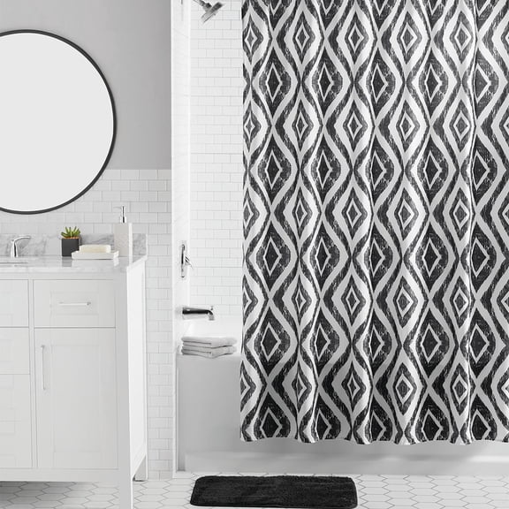Mainstays 16-Piece Black Diamond Pattern Shower Curtain Bathroom Set – Fabric Curtain with Rug, Hooks, Soap Dispenser & Tray