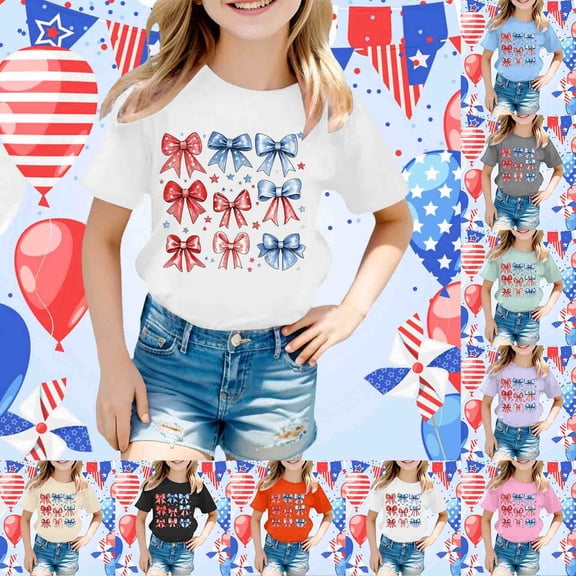 Girls T Shirts Kids 4Th Of July Firework Graphic Tee Short Sleeve Crewneck Casual Girls' Tops Black 10-11 Years
