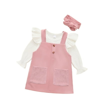 

Infant Baby Girls Outfit Solid Color Long Fly Sleeve Romper Buttons Suspender Dress Clothes Set