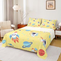 Castle Fairy Teens Kids Galaxy Rocket Planet 4pcs Bed Sheets,Outer Space King Sheets,Kawaii Cosmos Astronaut Super Cozy Sheet Set,Ultra Soft Home Decor