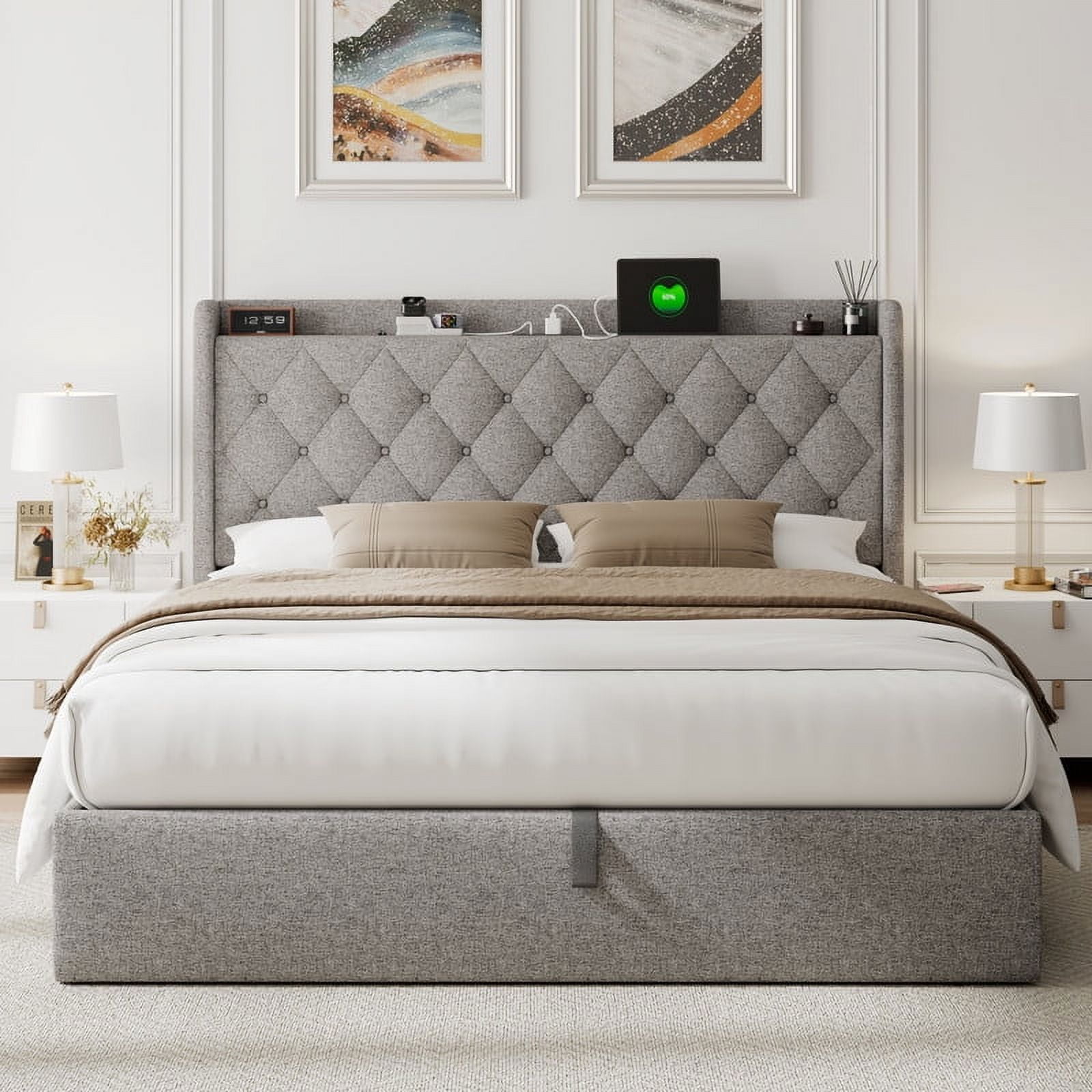 iPormis Queen Size Bed Frame with Lift Up Storage & Charging Station, Button Tufted Wingback Upholstered Headboard, Wooden Slats Support, No Box Spring Needed, Noise Free,Light Gray