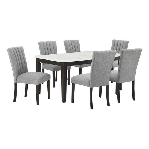 Bowery Hill 7-Piece Faux Marble & Fabric Dining Set in White/Gray