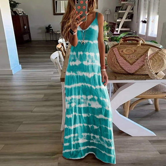 Summer Saving Wycnly Dresses for Women 2024 Beach Bohemian Spaghetti Strap Plus Size Long Dresses Sleeveless V-Neck Striped Print Summer Maxi Sun Dress Sky Blue XXXXL Up to 65% off