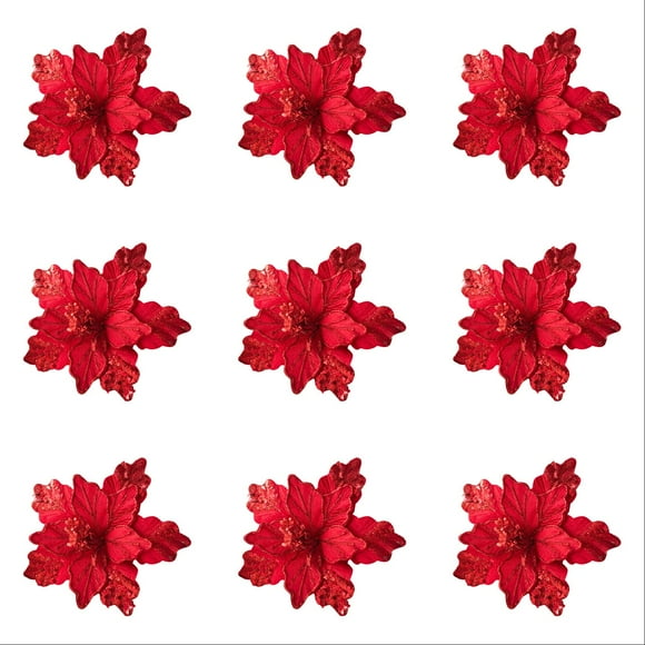 12PCS Artificial Poinsettia Flowers with Stems 11 Inch Glitter Poinsettia Christmas Tree Ornaments Xmas Flower Decorations for Wreath Garland Holiday Home Party Decor
