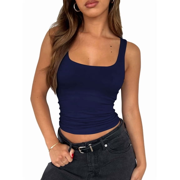 Women'S Sleeveless Square Neck Tank Top Double Layer Basic Crop Tops Summer Fitness Workout Casual Tops Navy Blue M