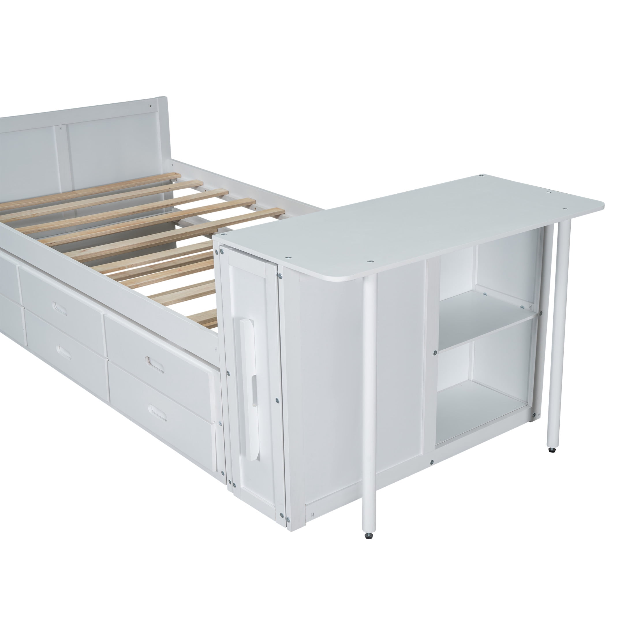 Noble House Twin Size Multifunctional Platform Bed with Trundle, 3 Drawers, Desk and Storage Shelf, White