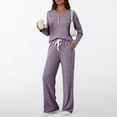 thumbnail image 3 of Women's 2 Piece Knitted Set V Neck Button Pullover Tops Drawstring Straight Leg Pockets Pants Casual Loose Suit (XL, Purple), 3 of 8