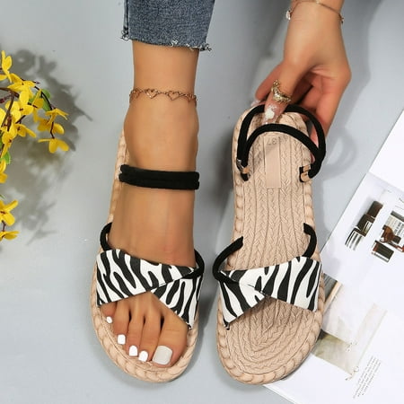 

MIASHUI shoes for women Women s Summer Slip On Comfortable Flat Flowers Print Beach Open Toe Breathable Sandals Shoes Slippers