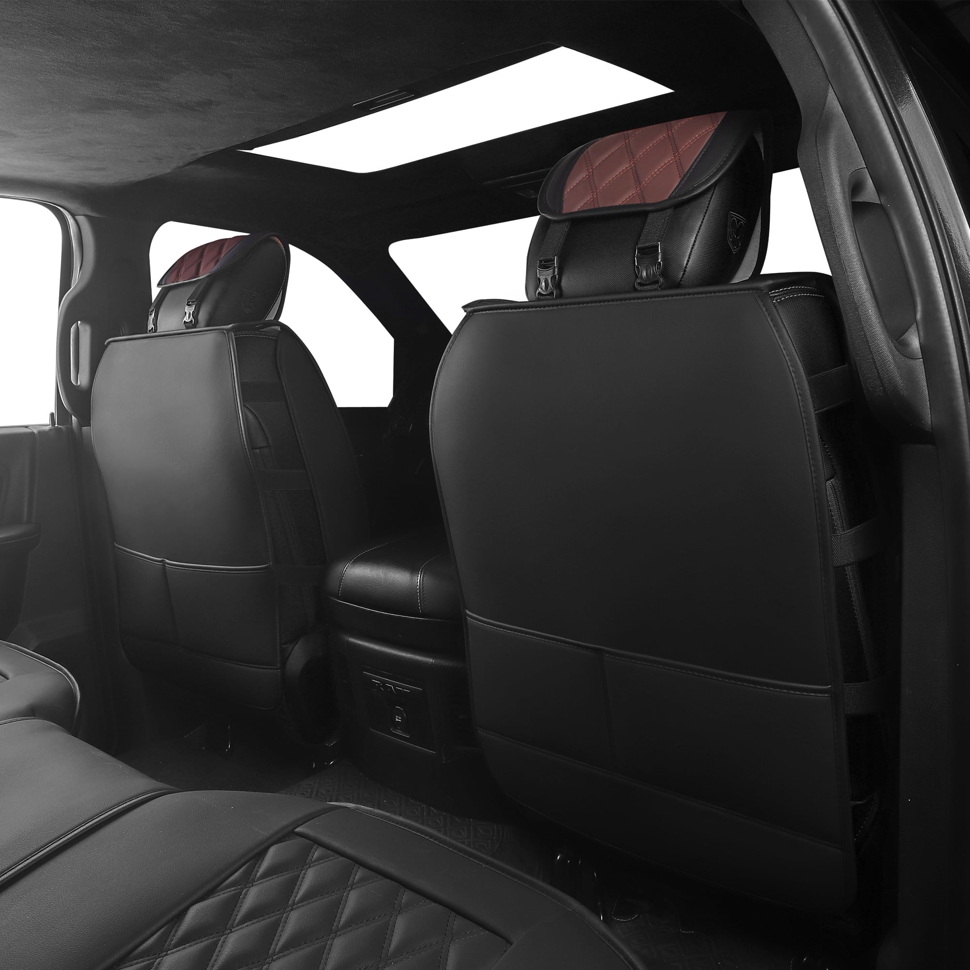 JOJOBAY Car Seat Covers for Dodge Ram,Fit 2009-2026 1500/2500/3500 HD Pick-up Truck,Crew,Regular,Quad,Mega Cab,Waterproof Synthetic Leather Seat Covers(5PCS-Full Set,Black-Brown)