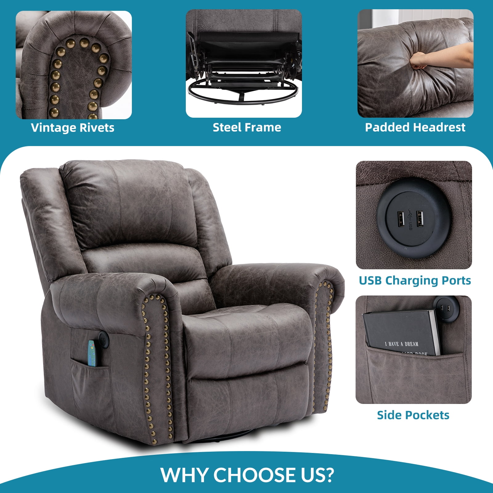 OUINCH Bronze Suede-Like Fabric Swivel Glider Rocker Recliners with Massage and Heat, Grey