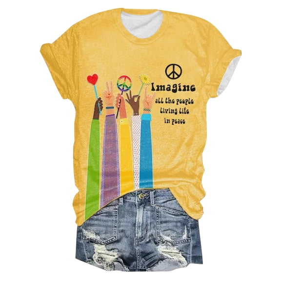 ZOHIUM Spring Outfits for Women Women's Fashion Round Neck Short Sleeve Retro Hippie All The People Living Life In Peace Printed Top T Shirt Work Shirts for Women (Yellow,XL)