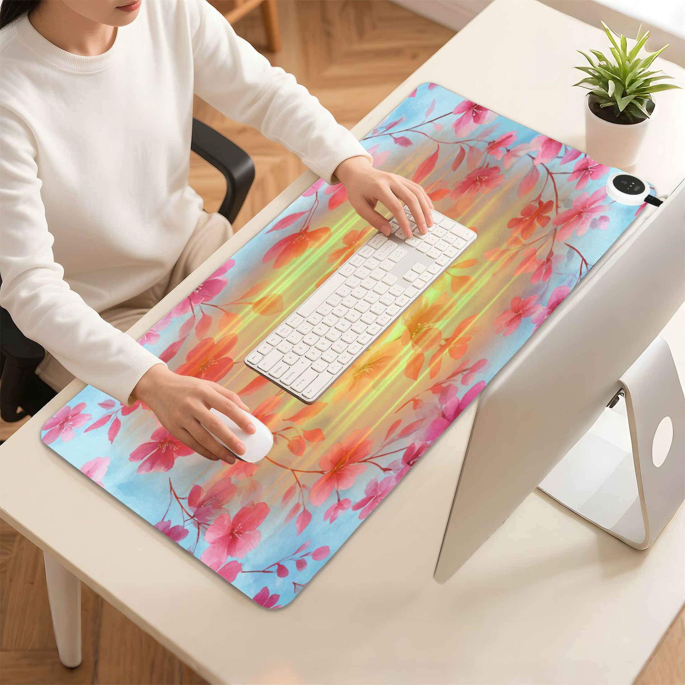 Large Heated Desk Mat Mouse Pad 31.5"x13"PU Leather Graphene Heating Desk Warmer with 3 Temperature Settings 110V US Plug Non-Slip Warm Pad for Home, Office, and Gaming Cute Pink Delicate Flowers
