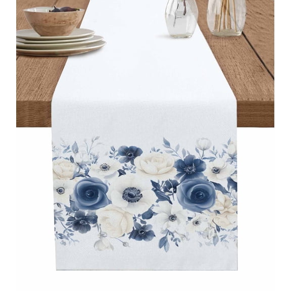 Ldtrchee White Blue Floral Table Runner 70 Inches, Spring Flowers Gardenside Pastoral Bed Runner Dresser Scarves Tabletop for Indoor Outdoor Parties/Ceremony/Banquet, 13" x 70"