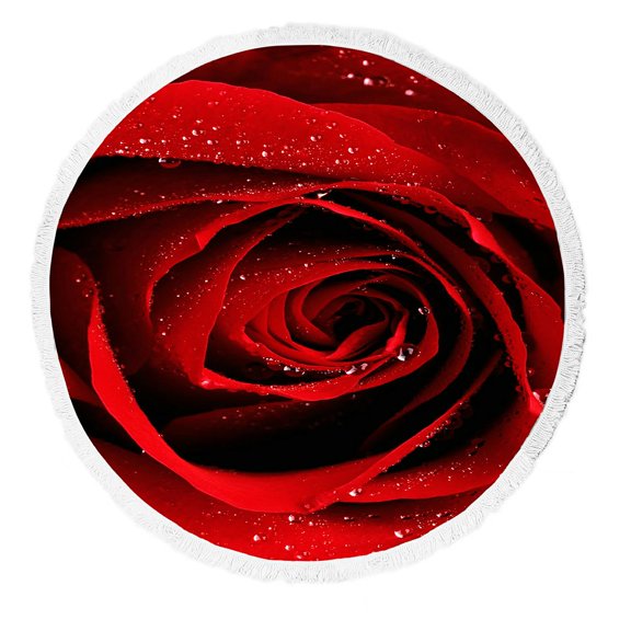 ZKGK Red Rose With Raindrop Flower Floral Pattern Round Beach Towel Beach Mats Beach Shawl Beach Blanket with Tassels Beach Throw Towel Yoga Mat