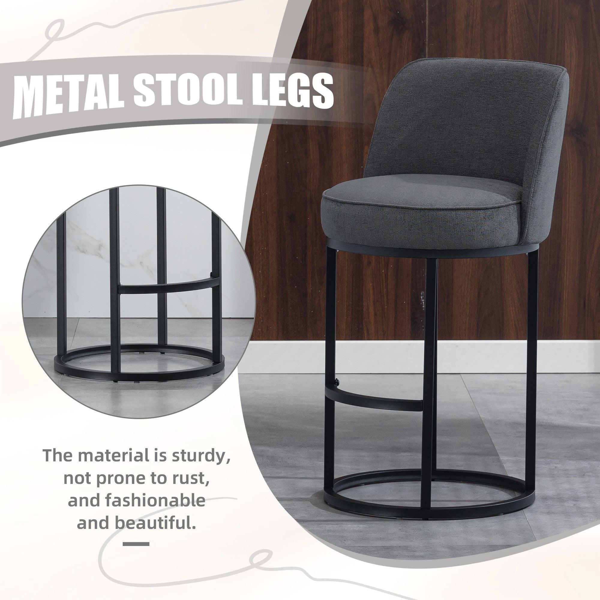 Sailvan Counter Height Bar Stools Set of 2,Modern Upholstered Linen Fabric Kitchen Island Stools with Barrel Backrest & Sturdy Metal Frame Gray