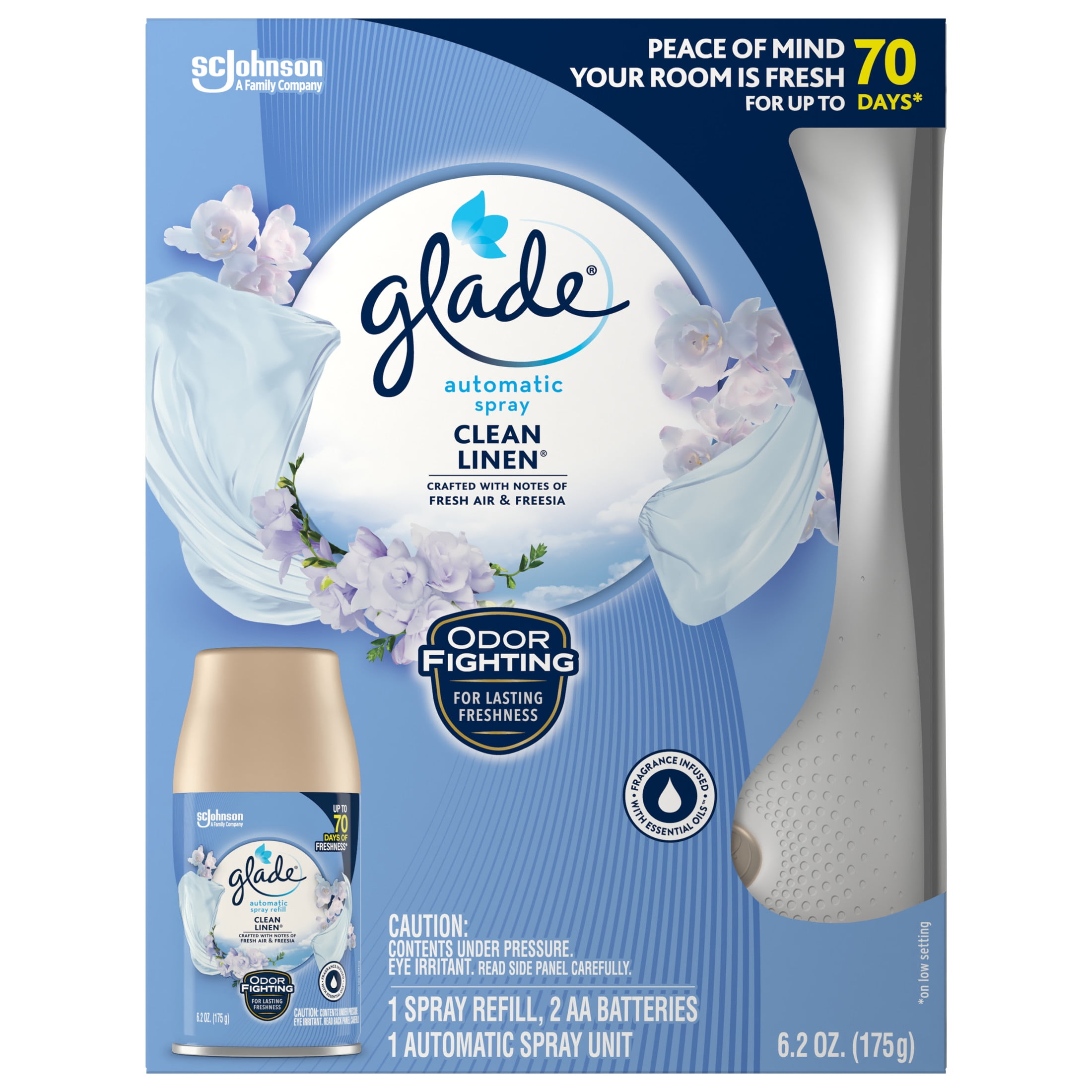 Glade Automatic Spray Air Freshener Starter Kit, 1 Holder and 1 Refill, Clean Linen, Fragrance Infused with Essential Oils, 6.2 oz, 2 Count