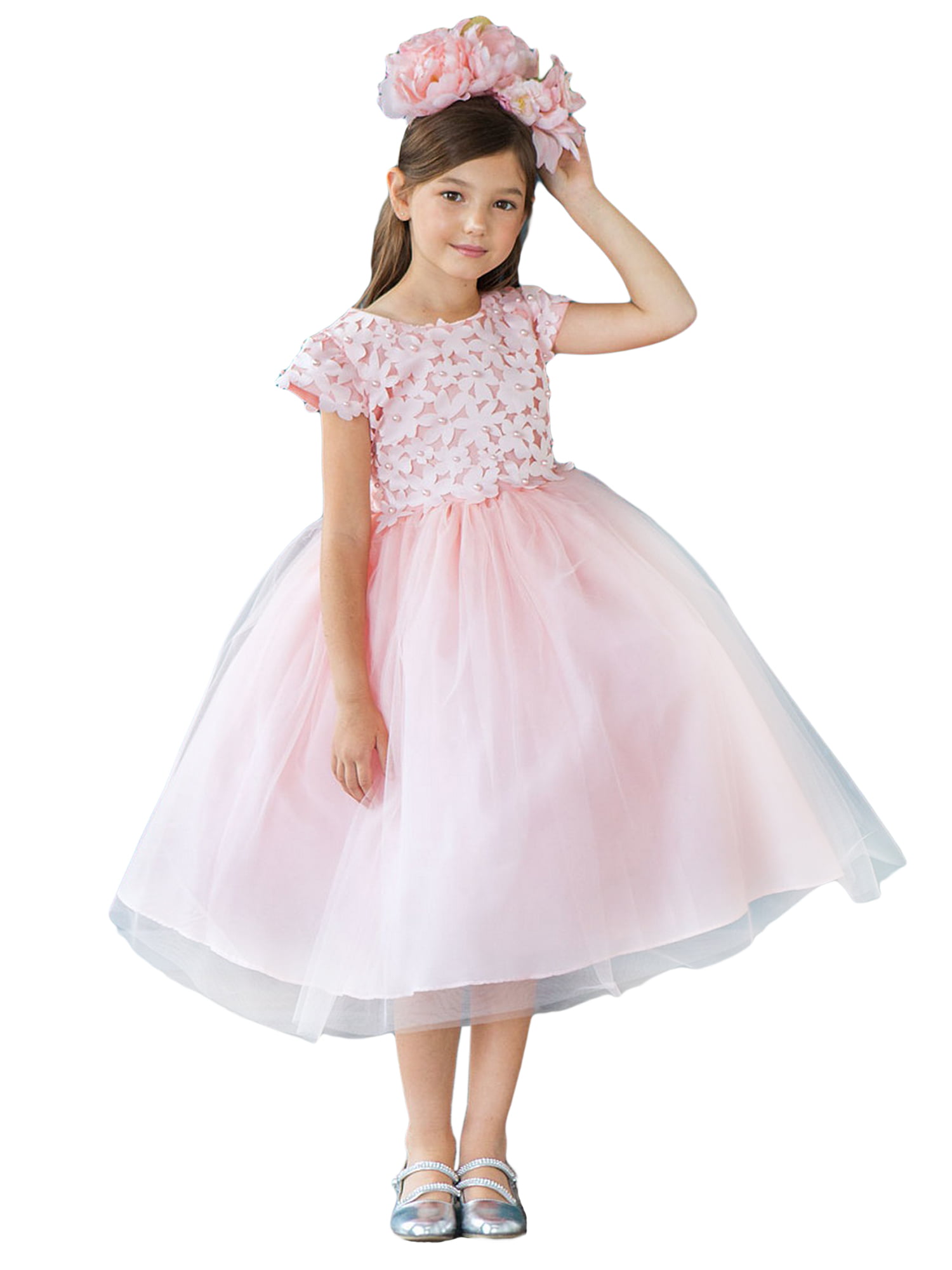 Blush Floral Pearl Cap Sleeves Tulle Flower Girl Easter Dress Big Girls