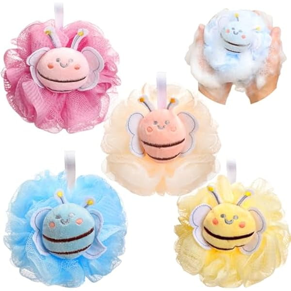 wonima11 4 Pcs Bee Bath Loofah Sponge Cartoon Body Scrubber Loofah Soft Mesh Exfoliating Bath Scrubber Shower Ball for Shower Sponge Gifts Exchange Birthday Party