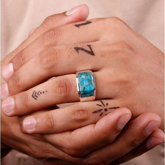 Copper Turquoise Mens Ring, 925 Sterling Silver, Gemstone Handmade Ring, Natural Gemstone Signet Ring, Gift For Him
