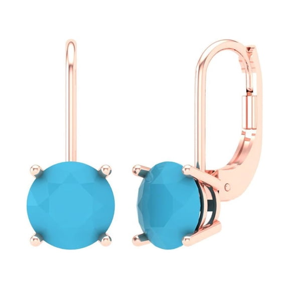3 ct Lever-Back Drop Dangle Earrings for Women | 7.5mm Round Cut Simulated Turquoise | 18K Rose Gold