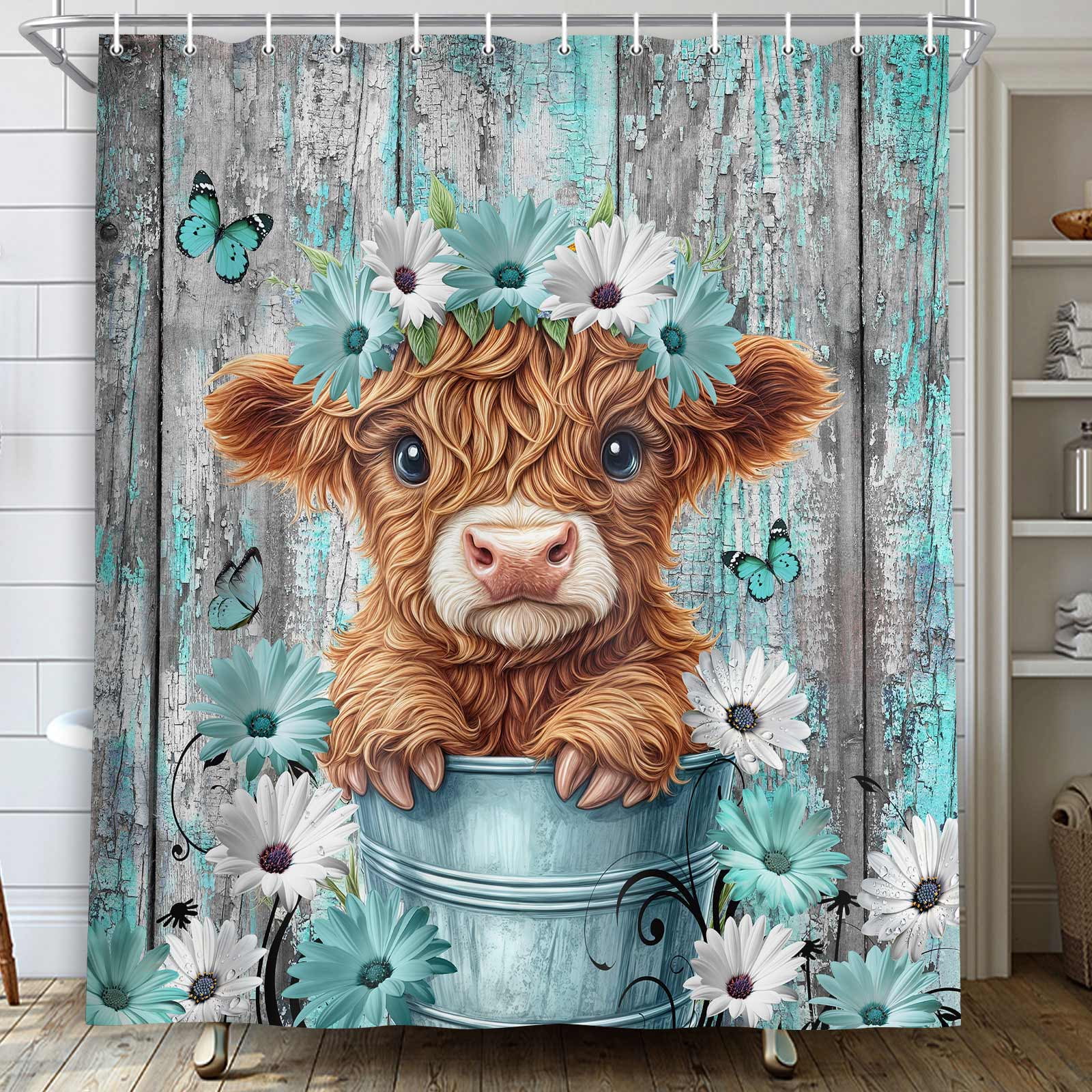 Funny Highland Cow Shower Curtain for Bathroom Decor, Teal Farm Teal Daisy Floral Flowers and Butterfly on Country Wooden Farmhouse Bath Curtain Country Animal Flower Waterproof 12 Hooks 54X72in