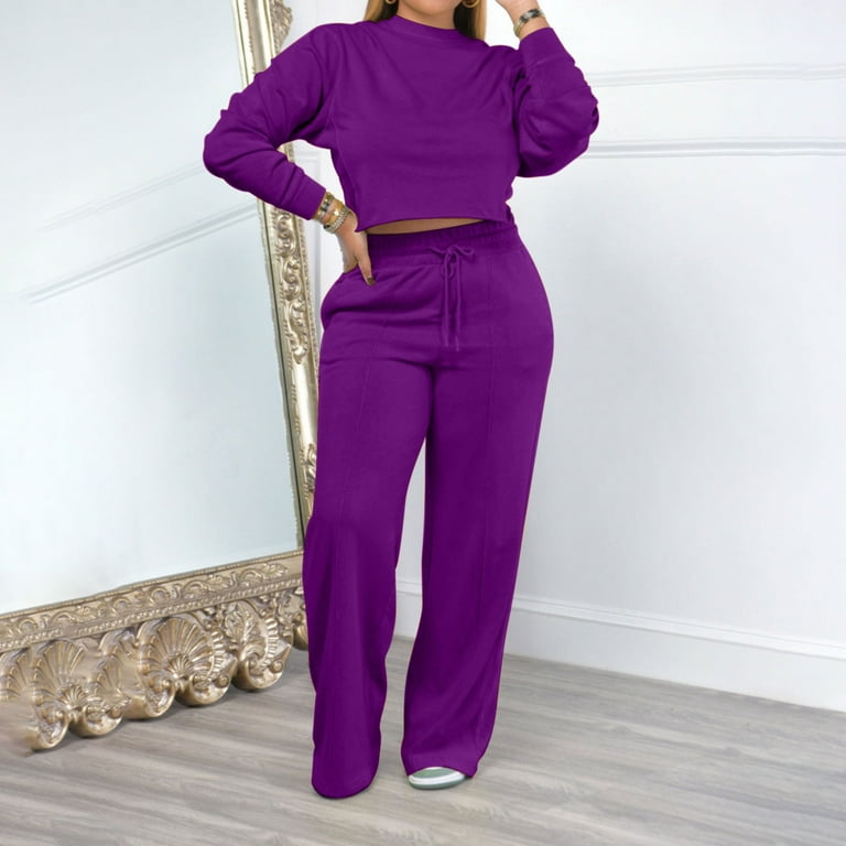 gbyLJF Casual Work Outfits for Women Women S Two Piece Outfit Pant Sets Women 2 Piece Outfits Dressy Crop Top Set Purple XL