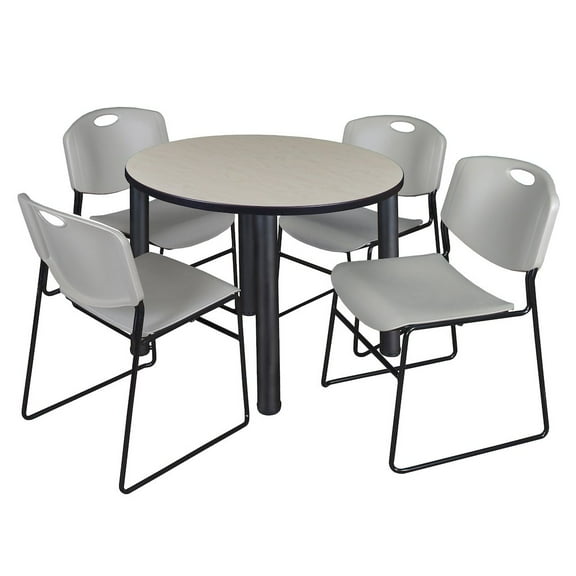 Regency 42 in Round Breakroom Table- Maple Top, Black Legs, 4 Zeng Stack Chairs- Grey