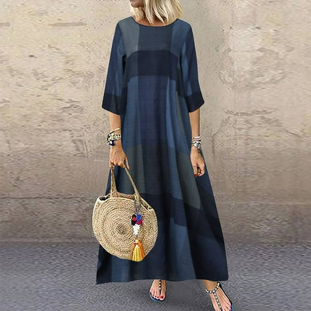 Puntoco Vestido Largo De Verano Para Mujer, Vestido Informal De Manga Tres Cuartos Con Estampado A Cuadros, Vestido De Talla Grande, Vestido De Manga Corta Con Cuello Redondo, Azul Oscuro L