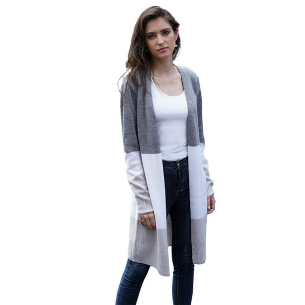 Womens Boho Open Front Cardigan Colorblock Long Sleeve Loose Knit  Lightweight Sweaters, Grey, X-Large