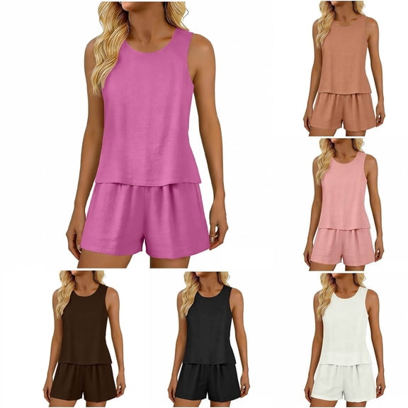 2 Piece Matching Summer Lounge Set Women's Imitation And Linen Summer Sleeveless Pocket Casual Round Neck Shorts Set Black Xxl