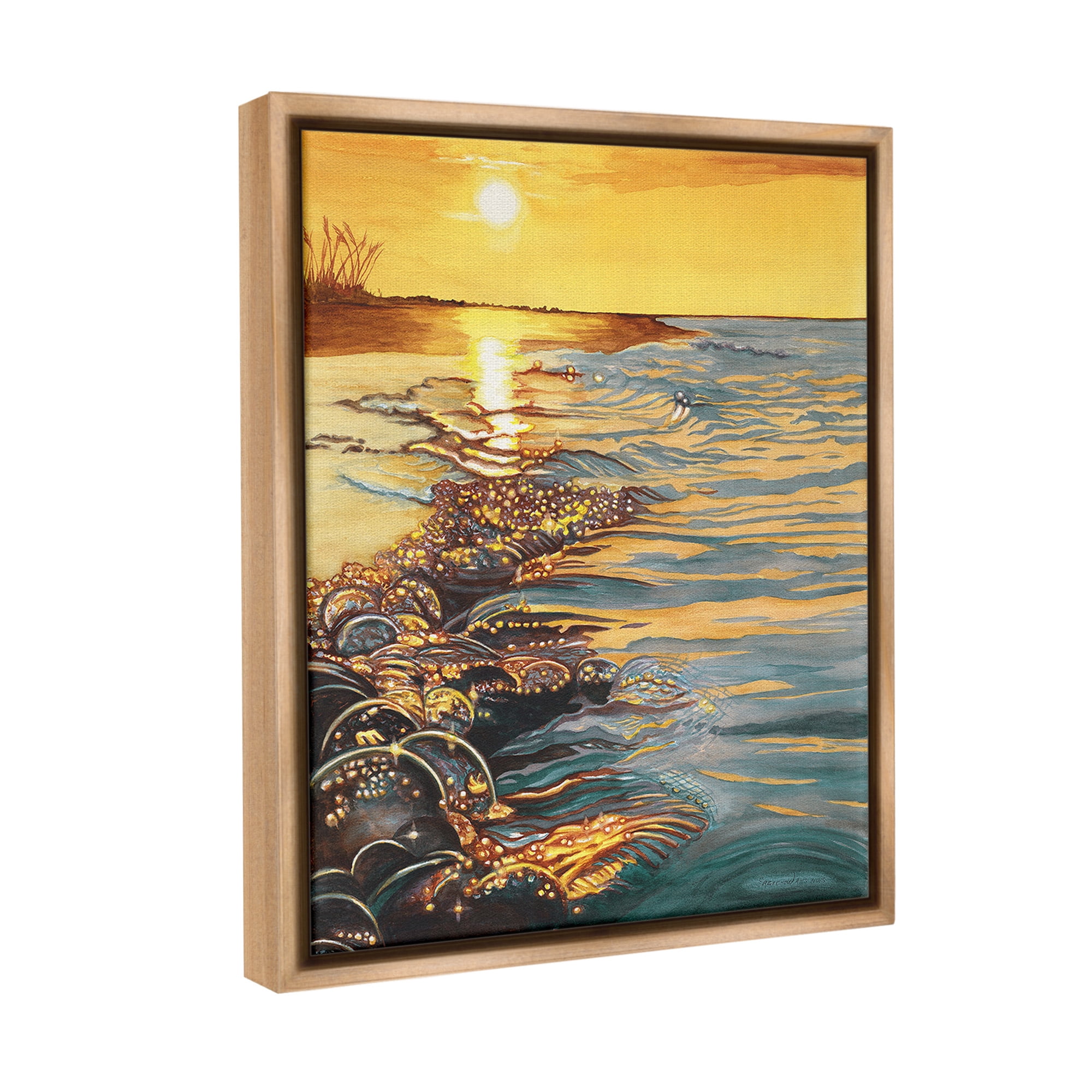 Stupell Industries Sunset over Beach Ripples Landscape Painting Brown Floater Framed Canvas Art Print Wall Art, 25 x 31