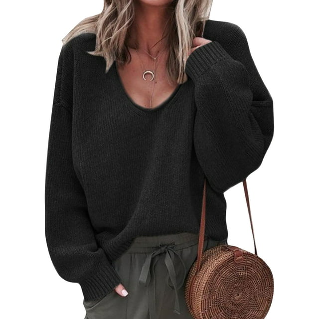 Innerwin Chandail à Manches Longues pour Femmes, Pull Décontracté Couleur Unie Noir S