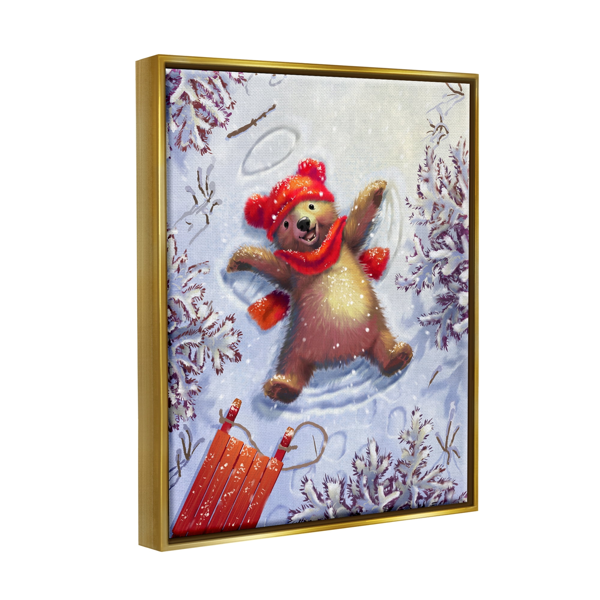 Stupell Industries Bear Cub Snow Angel Sled Holiday Painting Gold Floater Framed Art Print Wall Art