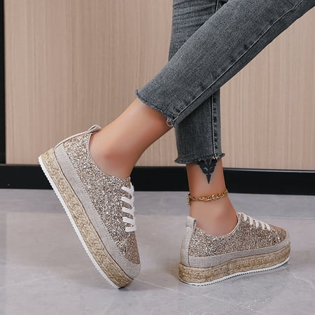 

Christmas Ladies Fashion Solid Color Sequin Breathable Lace Up Platform Casual Shoes