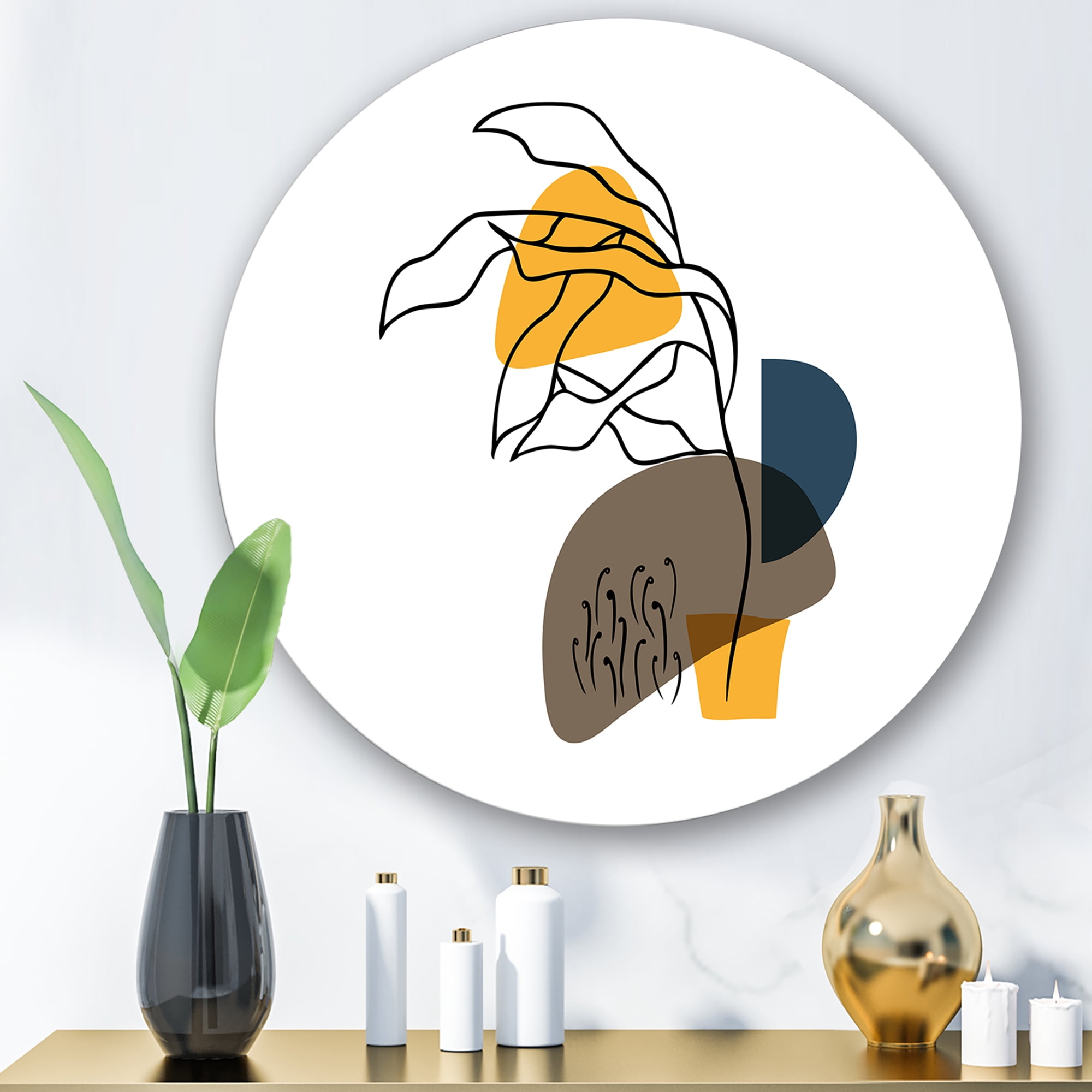 Designart 'Abstract Minimal Shapes Under Flowers V' Modern Circle Metal Wall Art 11x11 - Disc of 11