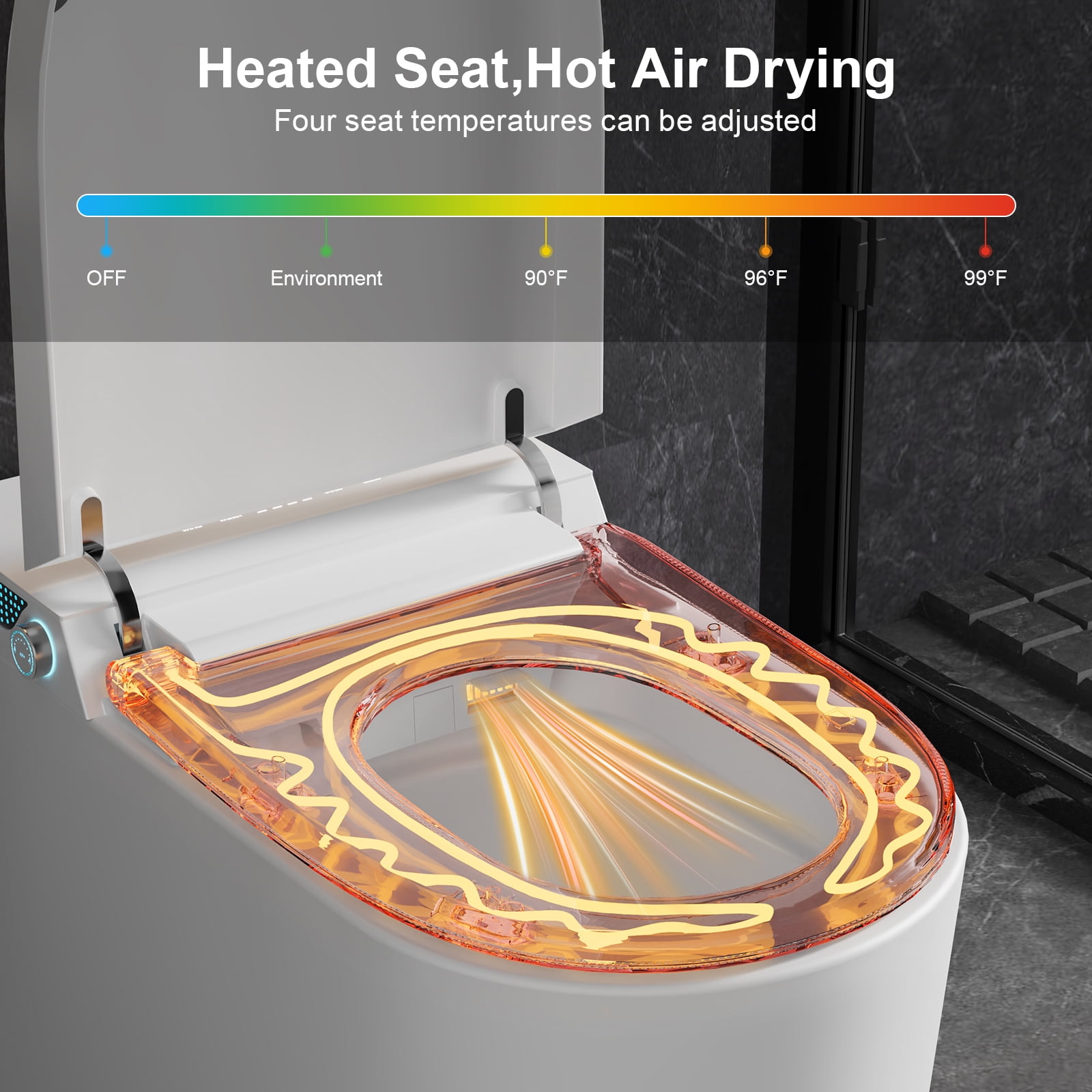 Smart Toilet with Heated Seat & Automatic Soft-Close Lid - Modern White/Black Bathroom Toilet with Night Light, Adjustable Temperature, Foam Seal System, Touchless Operation, Floor-Mounted Design, US