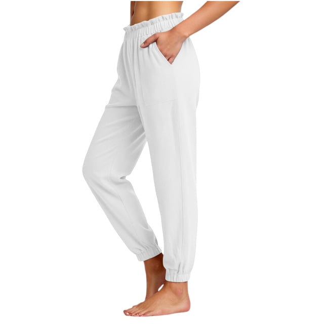 Summer Pants for Women Ruffle Elastic Waist Loose Fitting Lightweight Ruched Pants Casual Cinch Bottom Beach Trousers